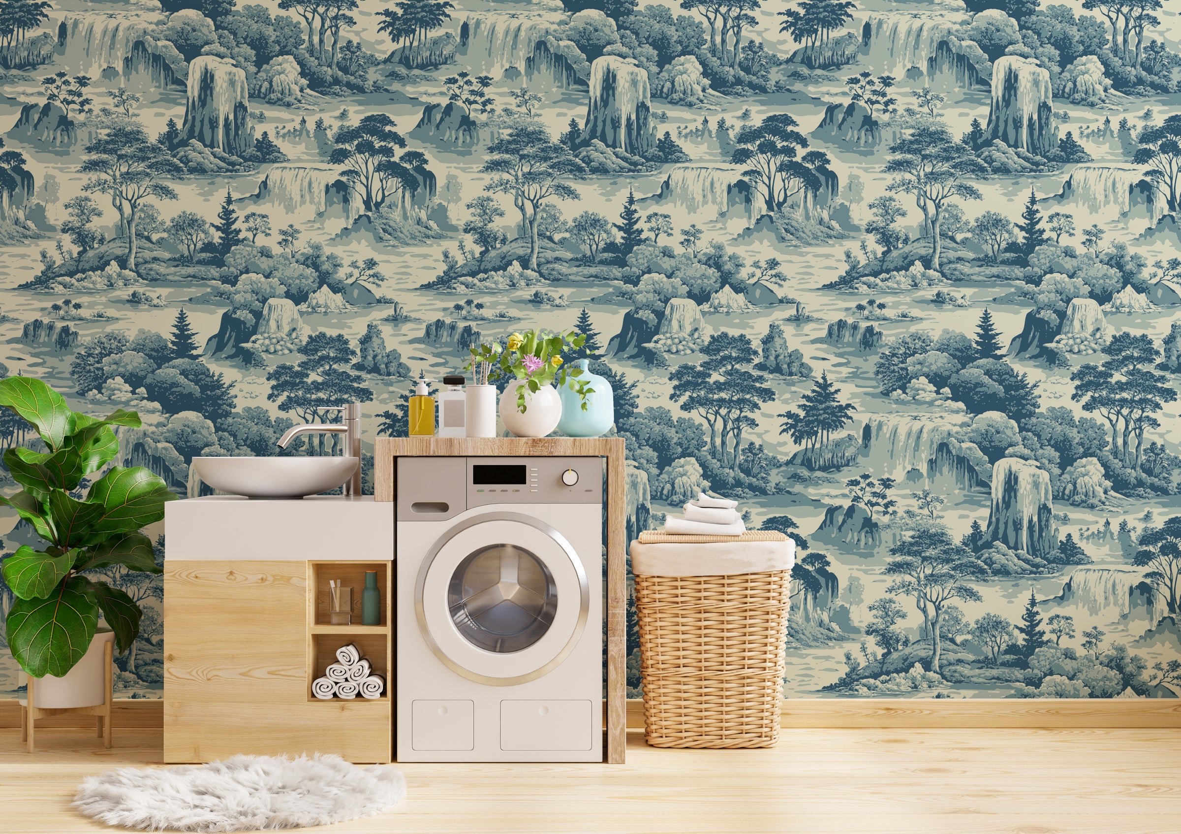 Nature landscape design with waterfalls and foliage in blue, cozy dining accent wall