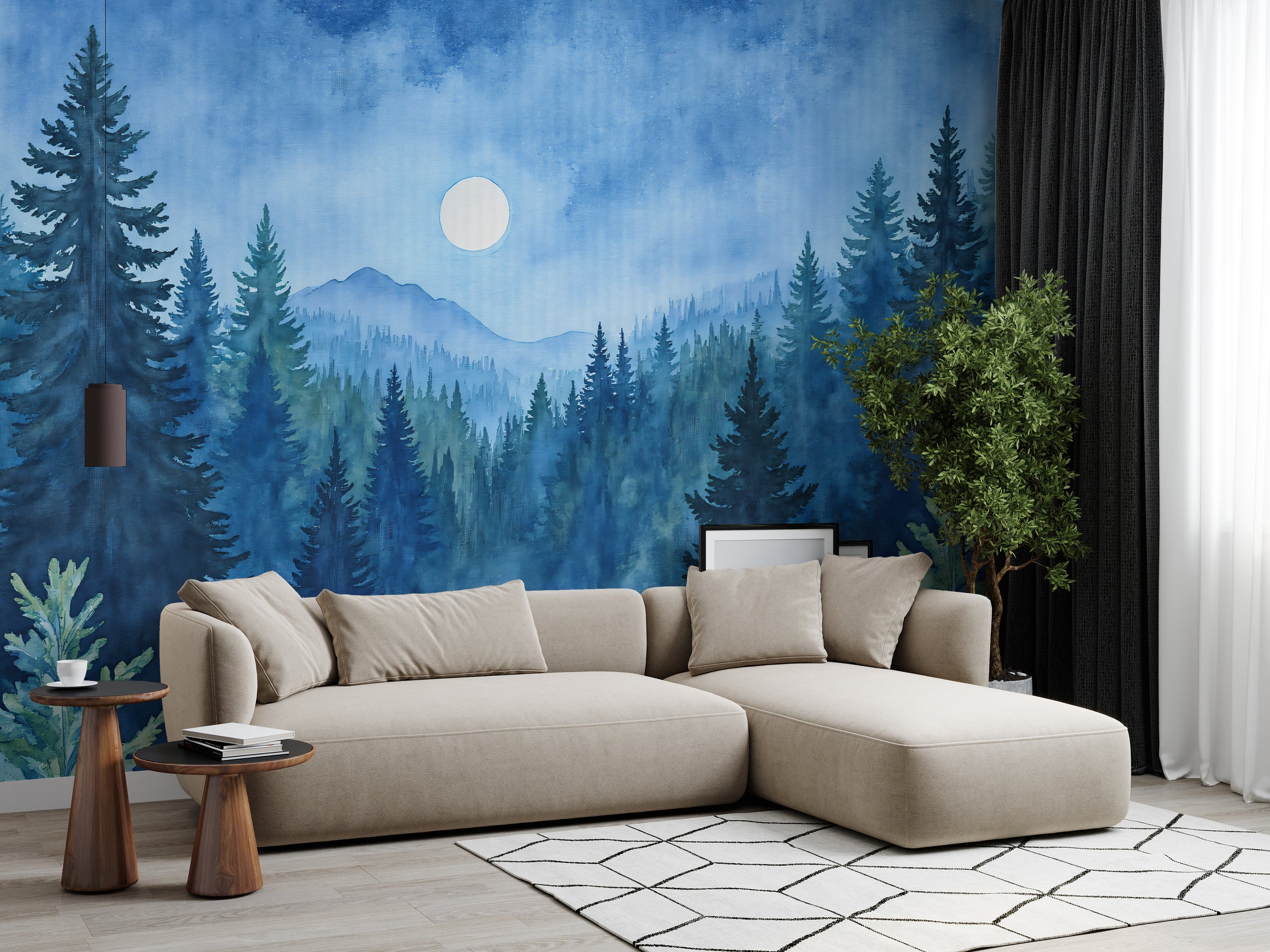 Stylish living room accent wall featuring blue mist pine forest mural design, perfect for modern interior decor