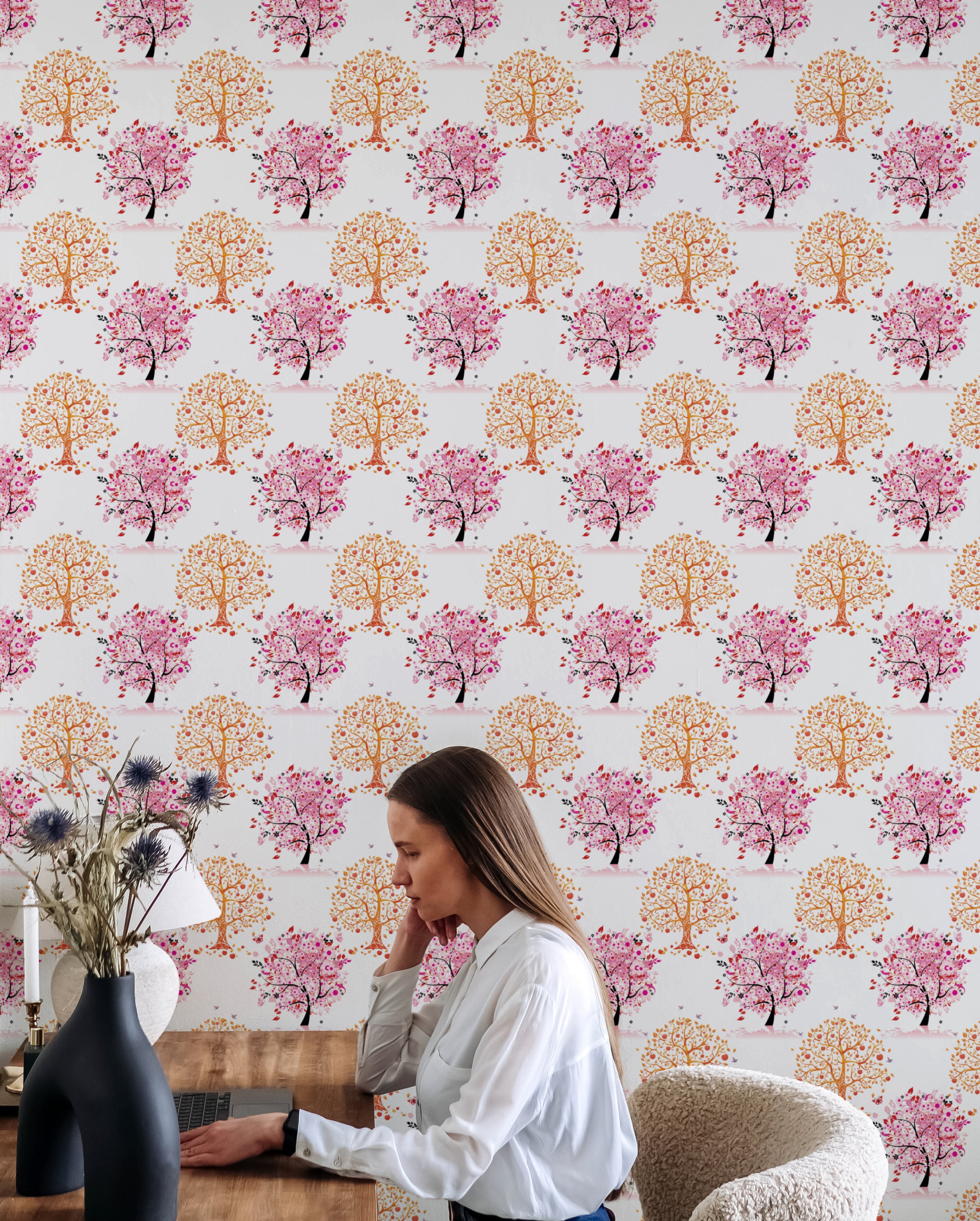 Repeating Pink Tree Wallpaper | Floral Peel and Stick Wallpaper