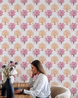 Repeating Pink Tree Wallpaper | Floral Peel and Stick Wallpaper