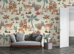 Indian folk art wallpaper with village scene, earthy tones for bedroom accent wall
