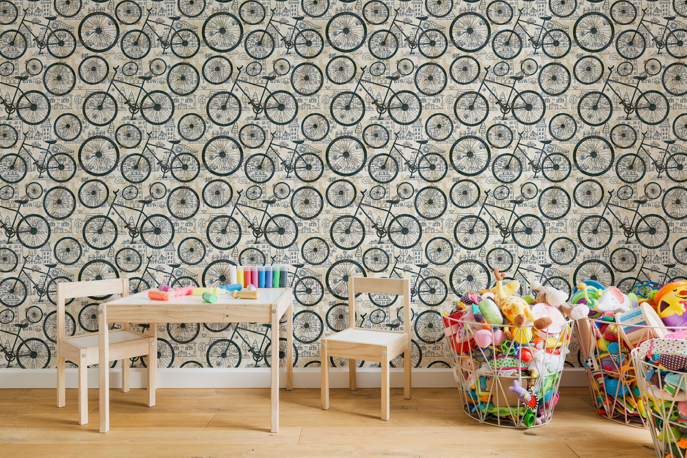 Retro cycle wallpaper featuring detailed wheel illustrations in beige for modern nursery wall design