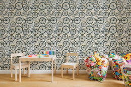 Retro cycle wallpaper featuring detailed wheel illustrations in beige for modern nursery wall design