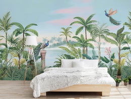 Exotic peacock rainforest wallpaper with lush tropical foliage for stylish bedroom accent wall