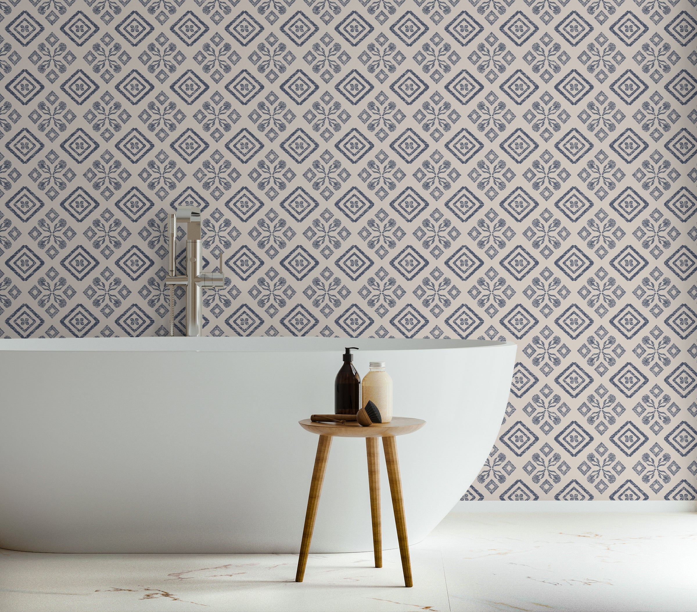 Elegant Moroccan lattice inspired wall decor in blue grey shades for bathroom interior