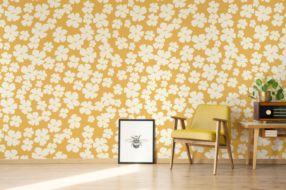 White Flower Wall Decor | Mustard Yellow Bloom Peel and Stick Wallpaper