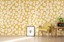 White Flower Wall Decor | Mustard Yellow Bloom Peel and Stick Wallpaper
