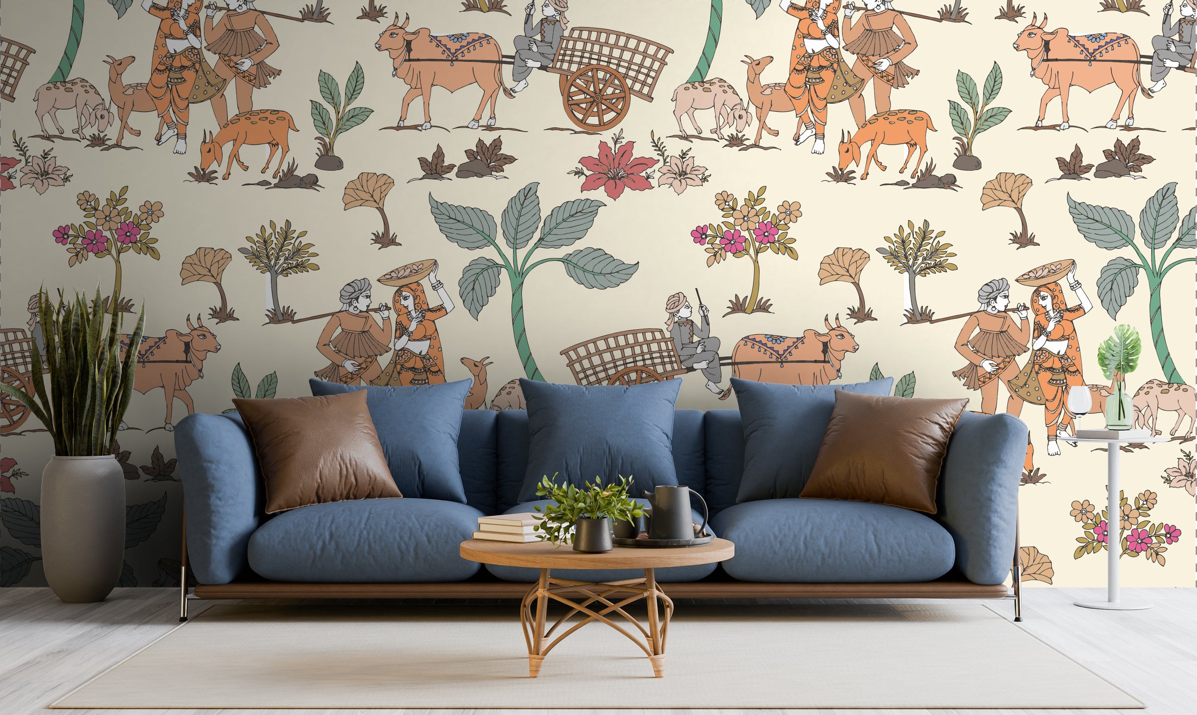 Traditional Indian wallpaper featuring rural life, animals, warm beige for guest room decor