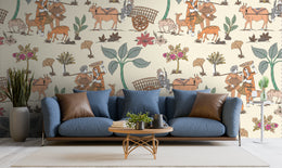 Traditional Indian wallpaper featuring rural life, animals, warm beige for guest room decor