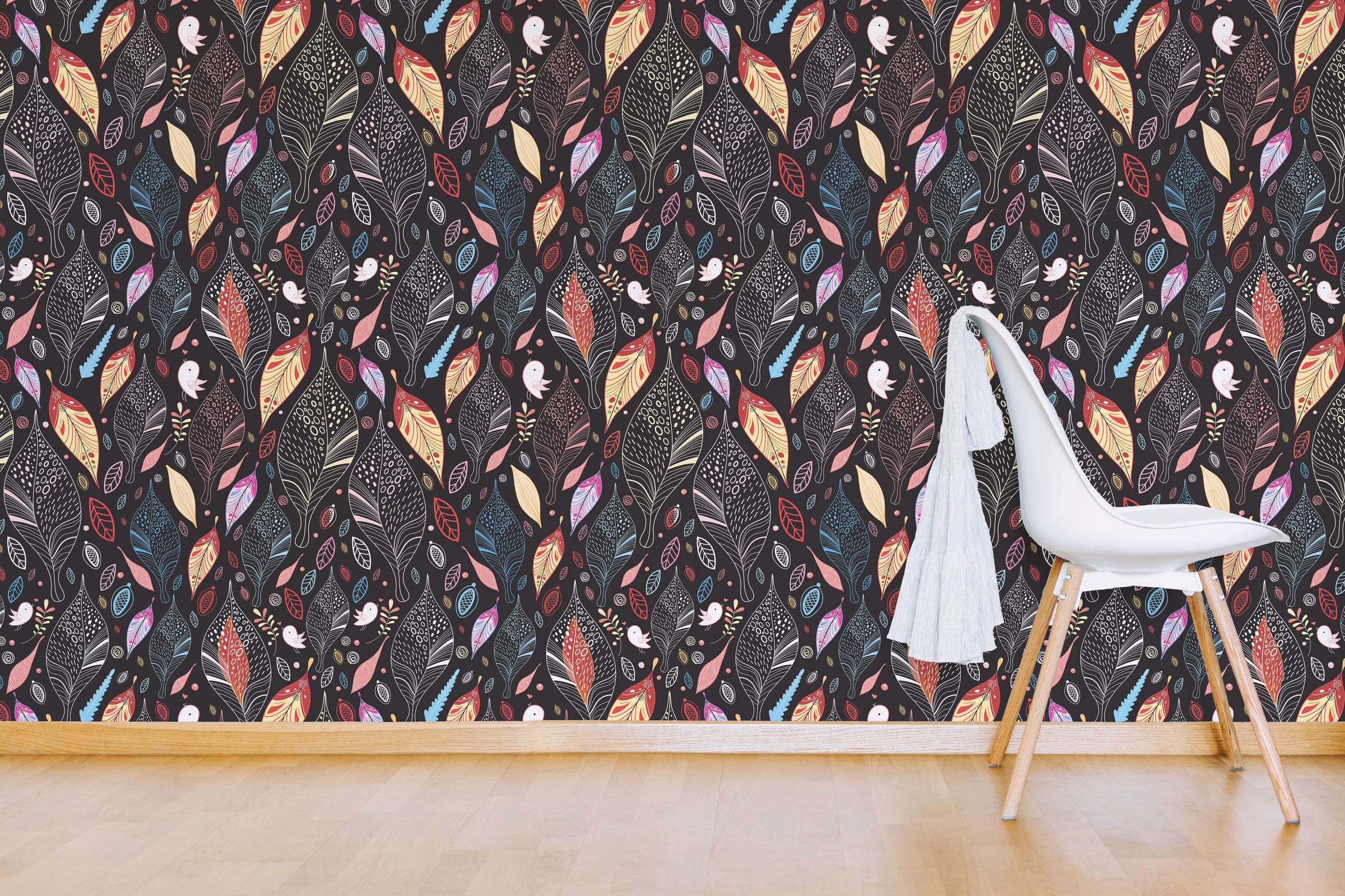 Colorful Leaf Pattern | Modern Botanical Peel and Stick Wallpaper
