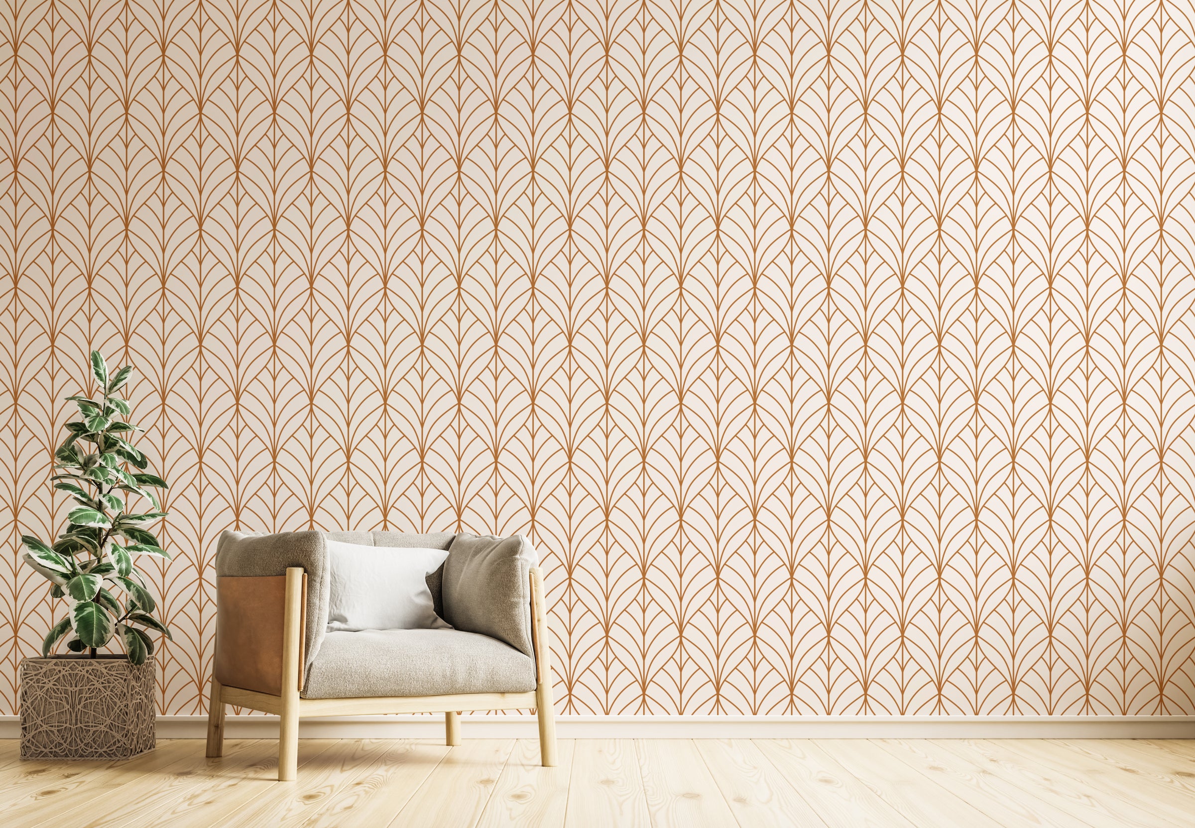 Rust Brown Leaf Wallpaper | Modern Repeat Pattern Art Deco | Peel And Stick