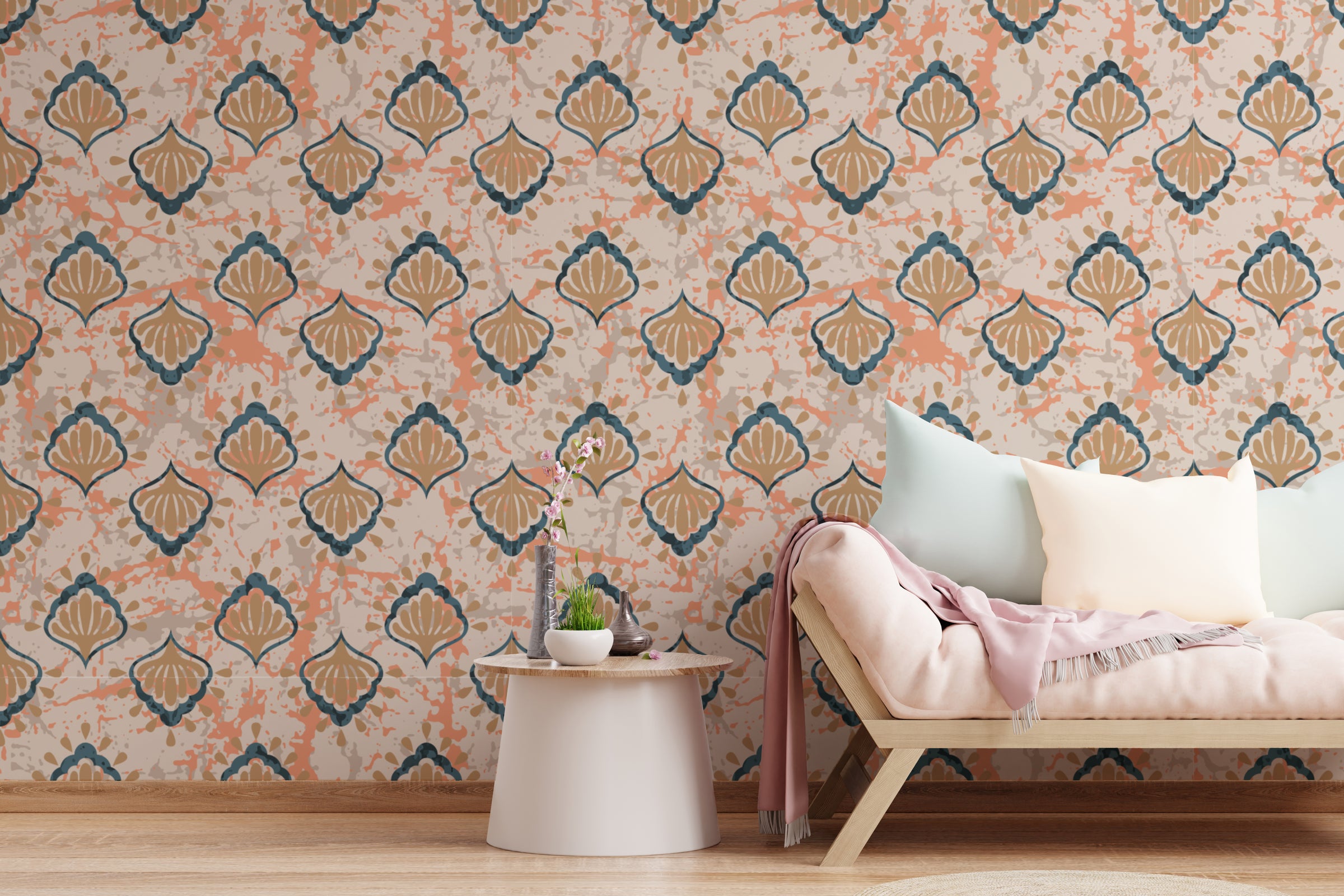 Modern living wall decor enhanced by Moroccan tile wallpaper with artistic scallop pattern in muted terracotta teal tones