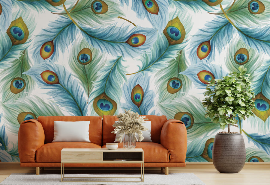Peacock Feather Blue Wallpaper Repeat Pattern Living Room Peel and Stick Wall Decor