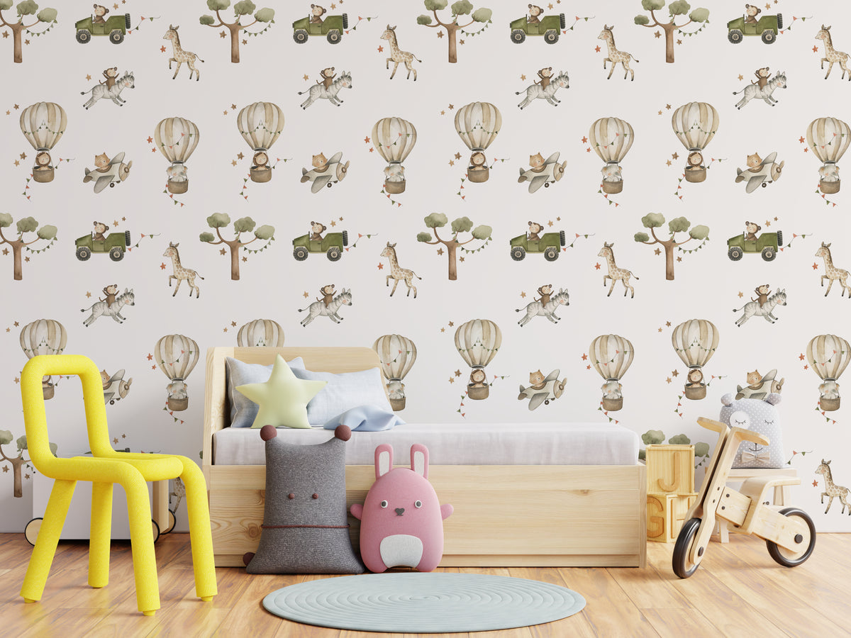 Self Adhesive Whimsical Safari Adventure Wallpaper for Kids Nursery Room