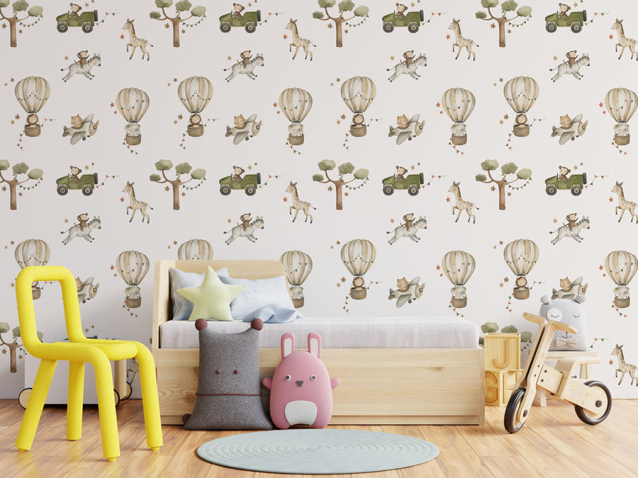 Self Adhesive Whimsical Safari Adventure Wallpaper for Kids Nursery Room