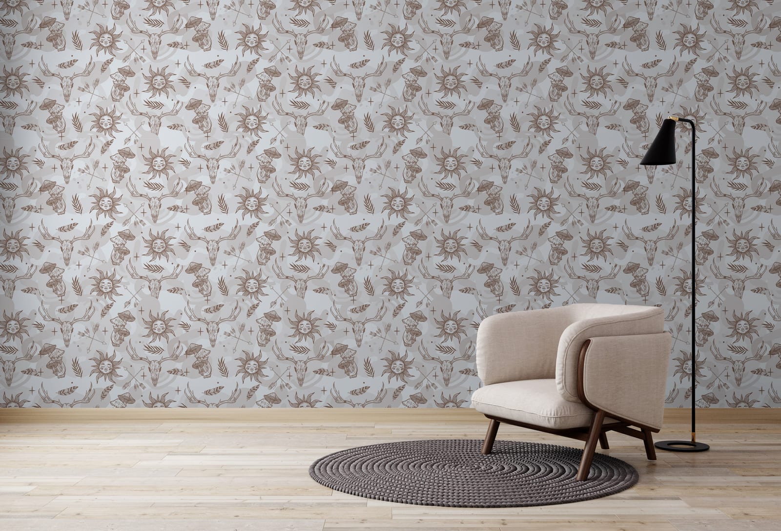 Boho mystical wallpaper with sun moon deer in soft neutral tones for living room