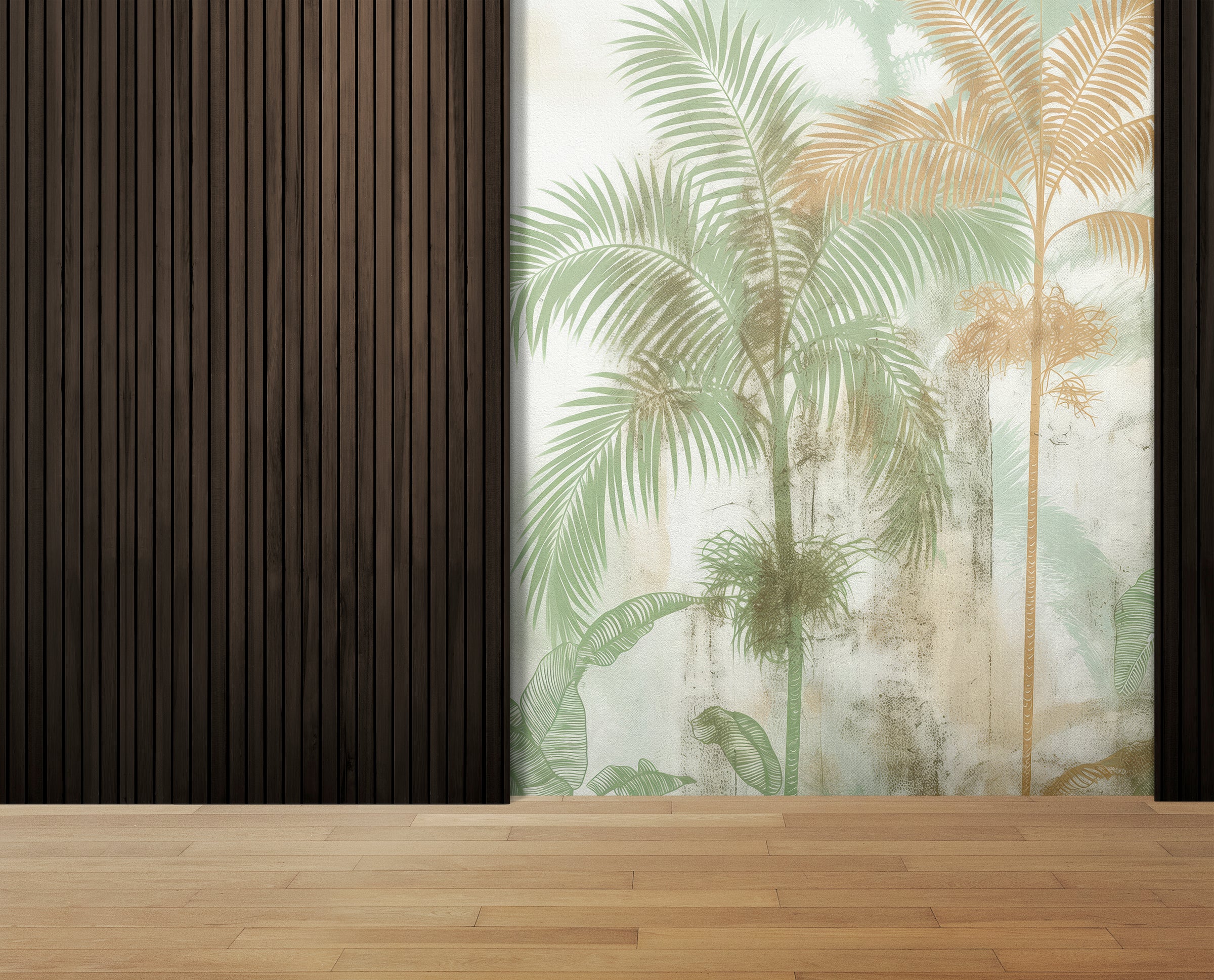 Tropical foliage pattern in sage green tones for serene meditation room