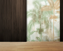 Tropical foliage pattern in sage green tones for serene meditation room
