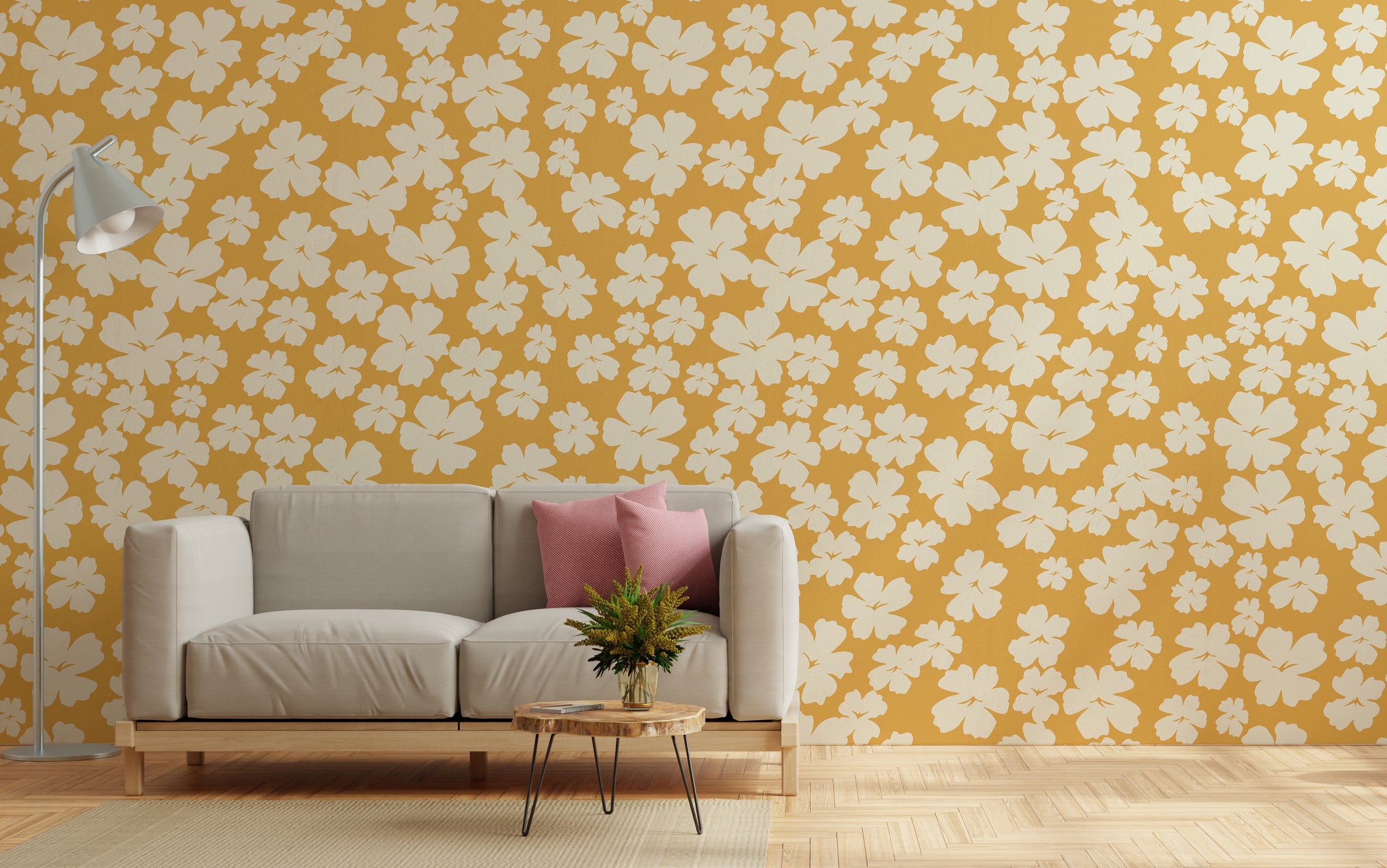 White Flower Wall Decor | Mustard Yellow Bloom Peel and Stick Wallpaper