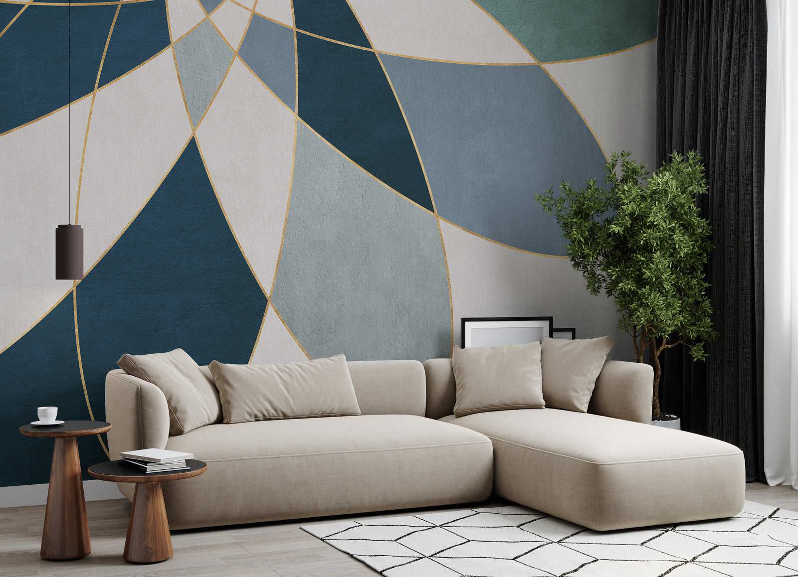 Blue Gold Geometric Wall Mural | Abstract Peel and Stick Wallpaper