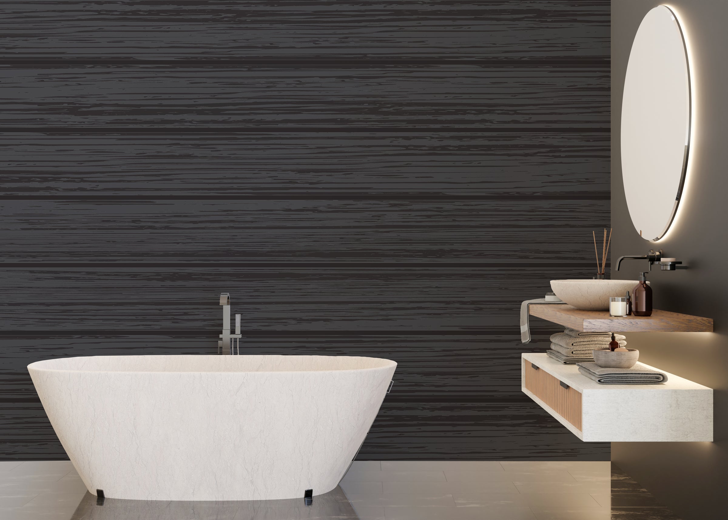 Black wooden texture mural delivering luxury and bold contrast to a contemporary bathroom.