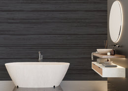 Black wooden texture mural delivering luxury and bold contrast to a contemporary bathroom.