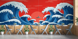 Bold ocean wallpaper with crashing waves and red background stylish cafe interior design