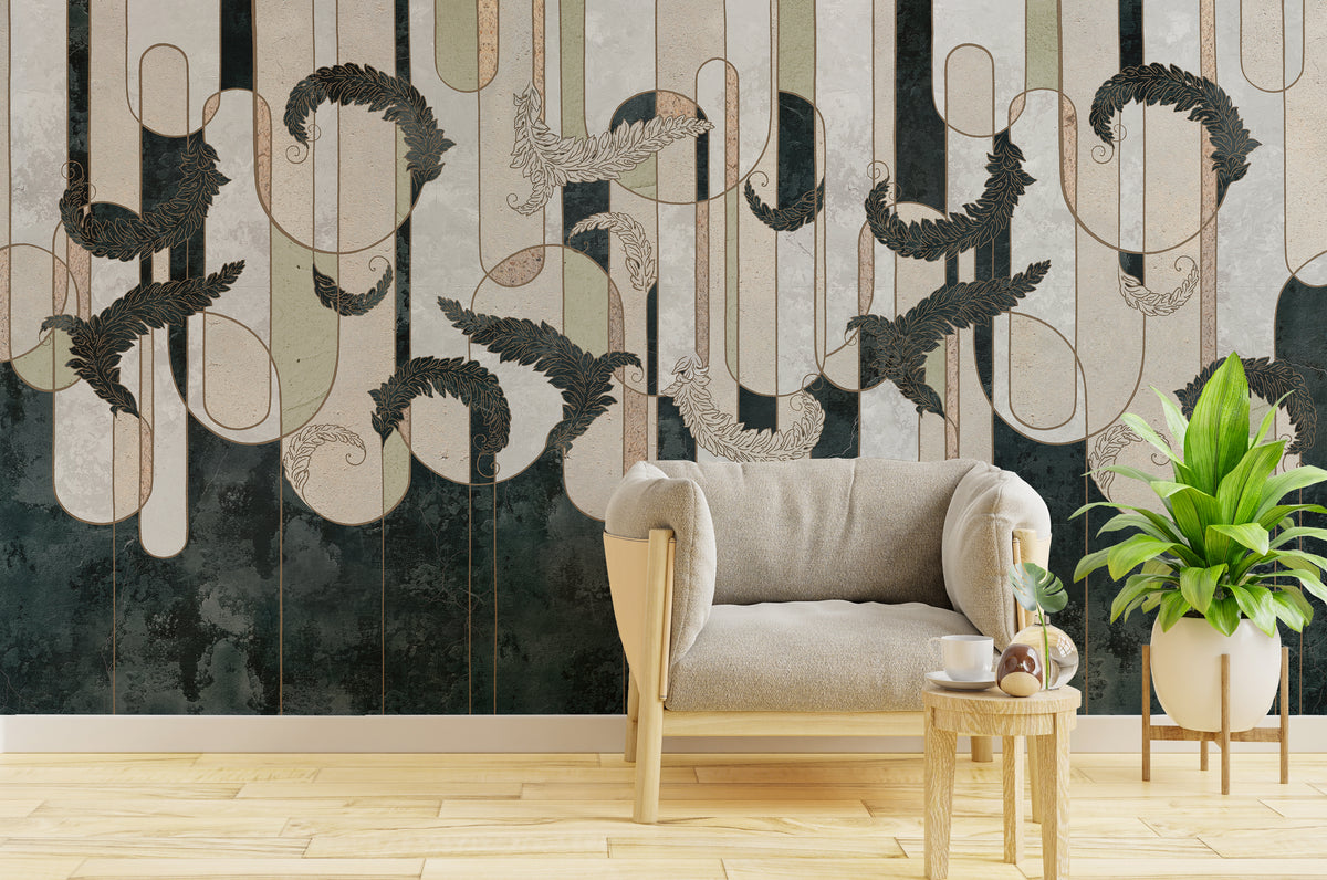 Art Deco Teal Green and Beige Peel and Stick Wallpaper Gold Accent Wall Mural