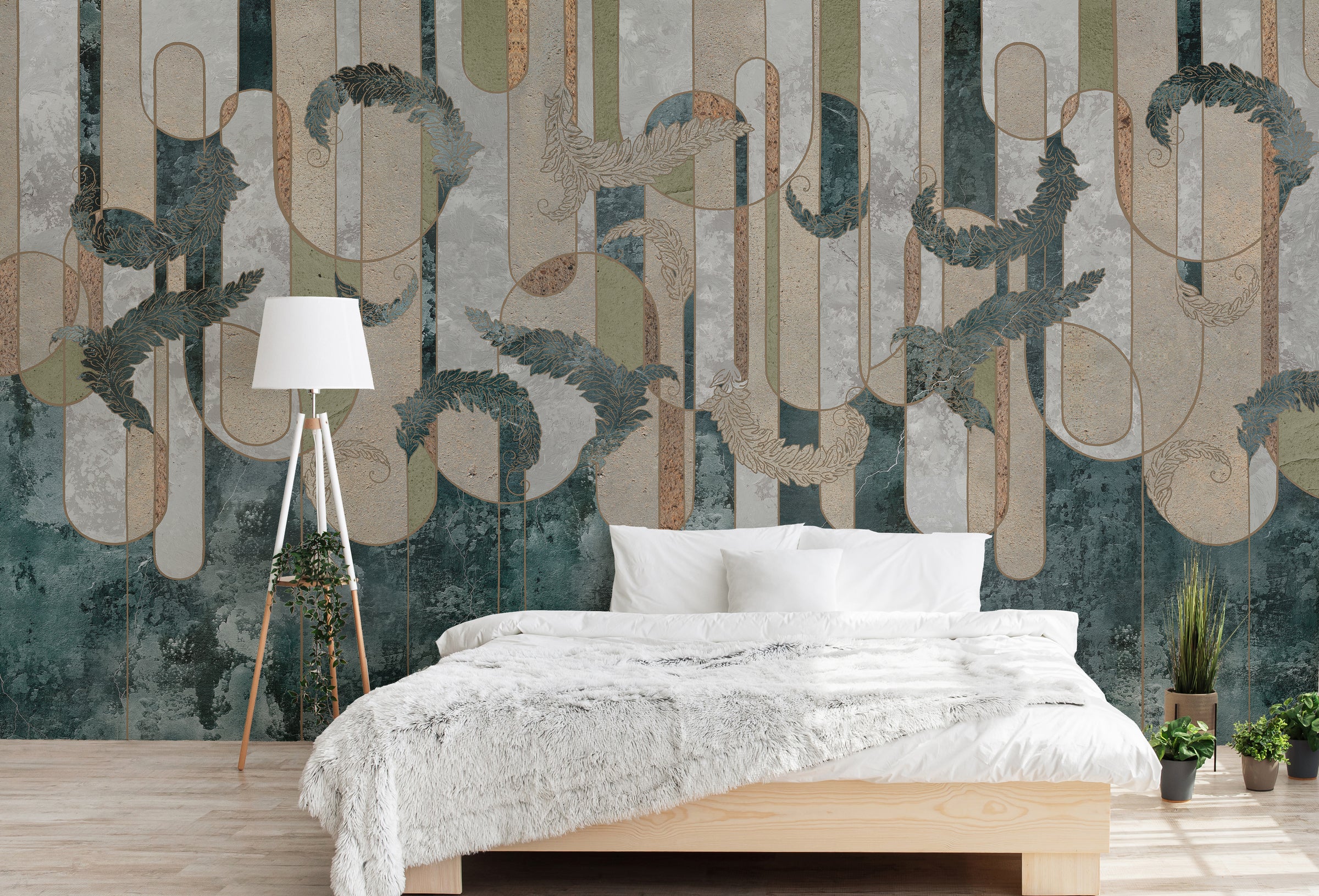 Modern geometric wallpaper featuring textured teal and beige tones for stylish bedroom walls