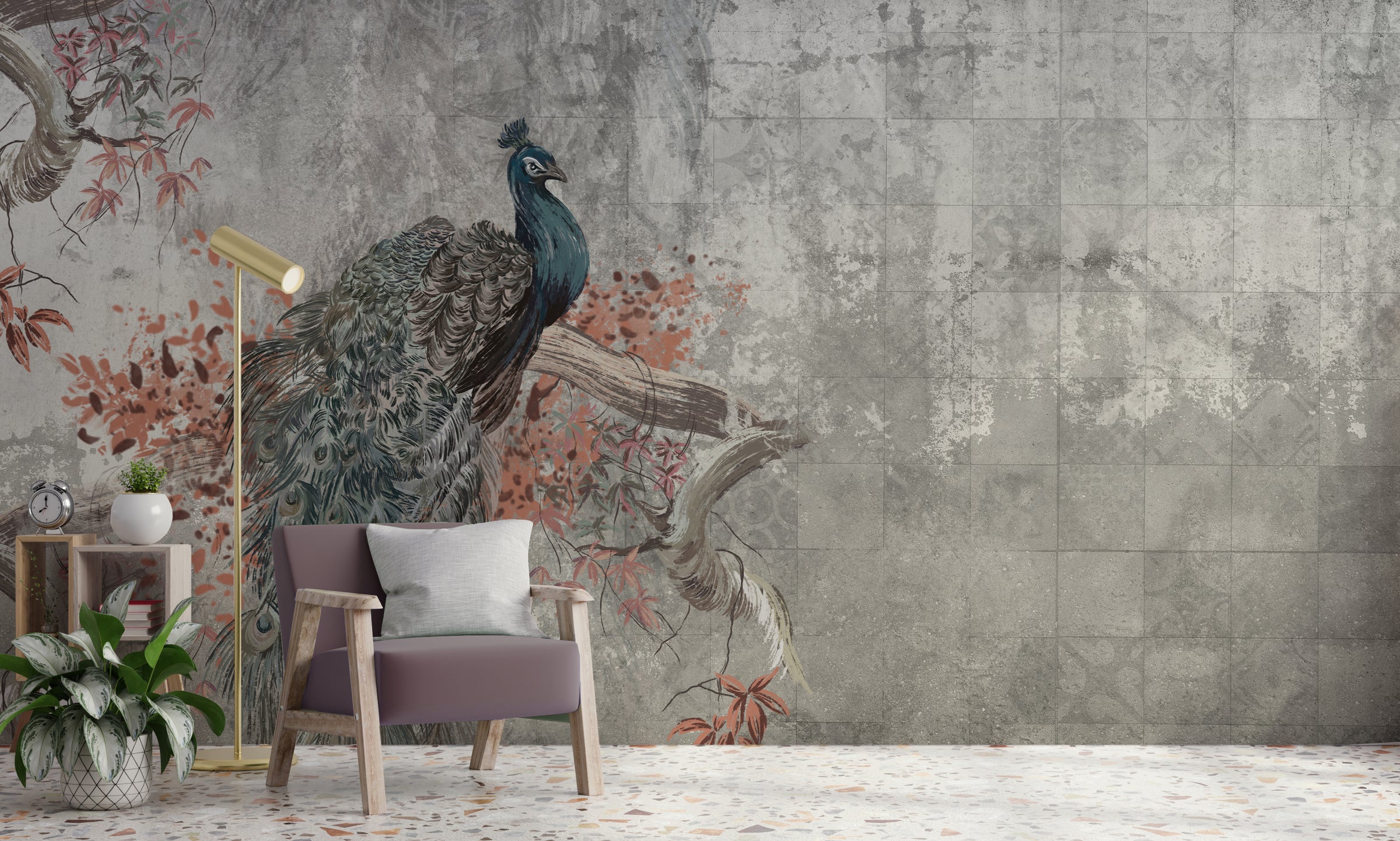 Peacock Concrete Wallpaper | Grey Vintage Peel and Stick Wall Mural