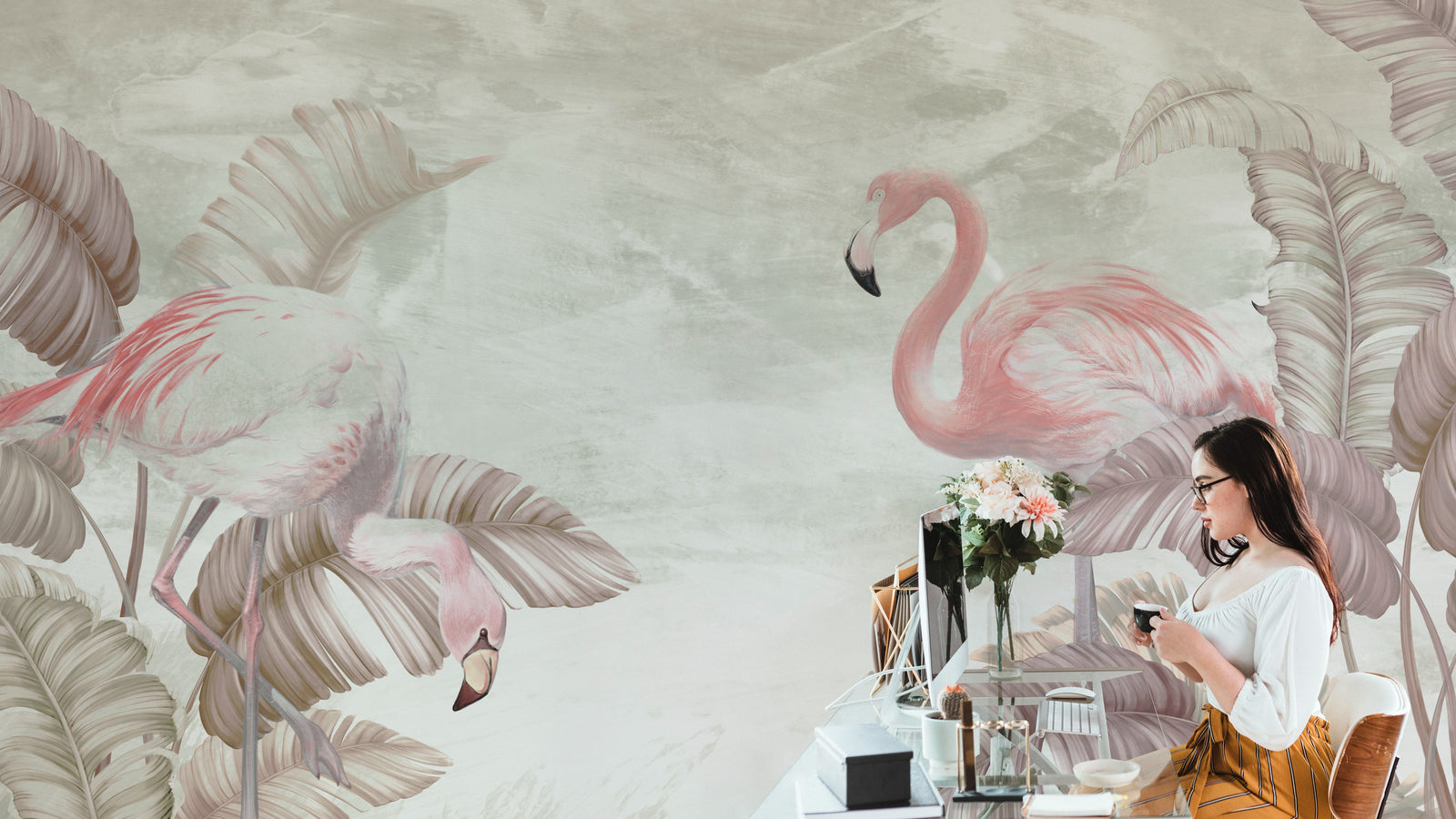 Artistic flamingo wallpaper with leafy patterns for study room accent wall decoration