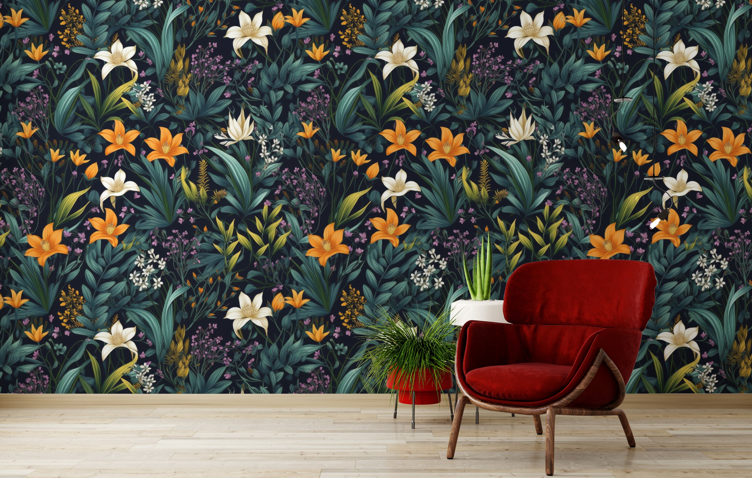 Modern dark floral design with lush leaves ideal for stylish dining area accent walls