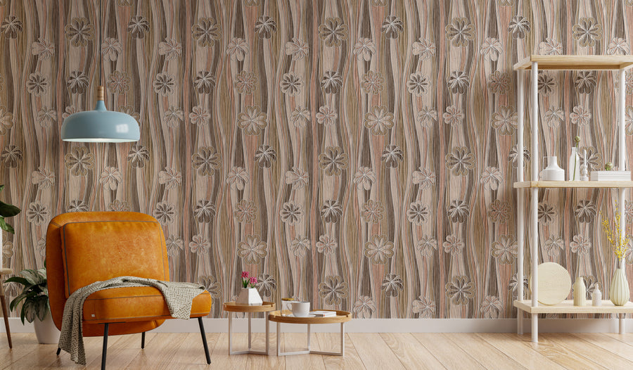Retro Floral Peel and Stick Wallpaper Beige Wood Texture Bedroom Wall Decor