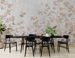 Elegant floral bird wallpaper in beige tones for sophisticated dining room wall decor