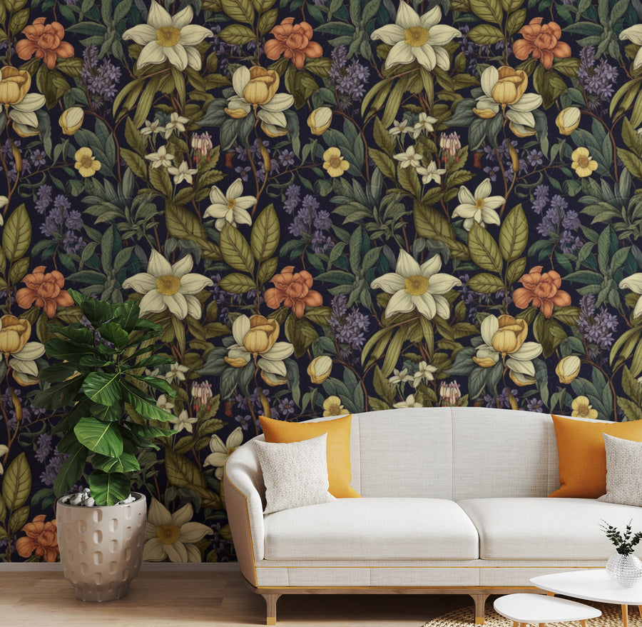 Dark Botanical Floral Peel and Stick Wallpaper Accent Wall Living Room Decor