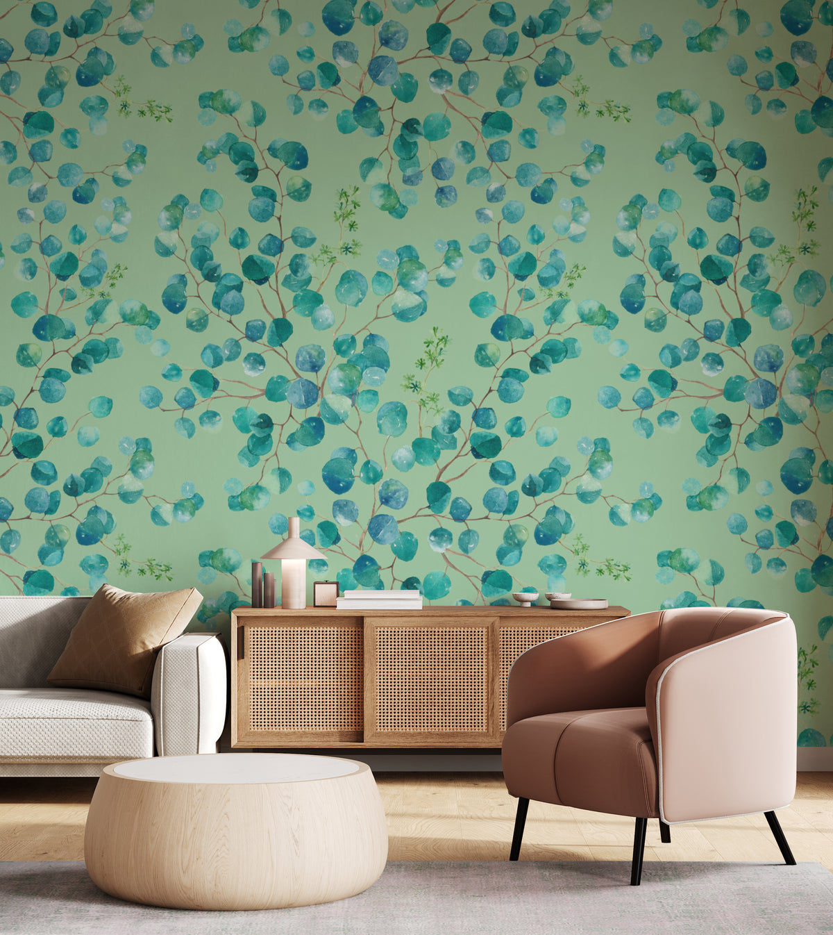 Watercolor Eucalyptus Leaf Design | Blue Green Foliage Peel and Stick Wallpaper