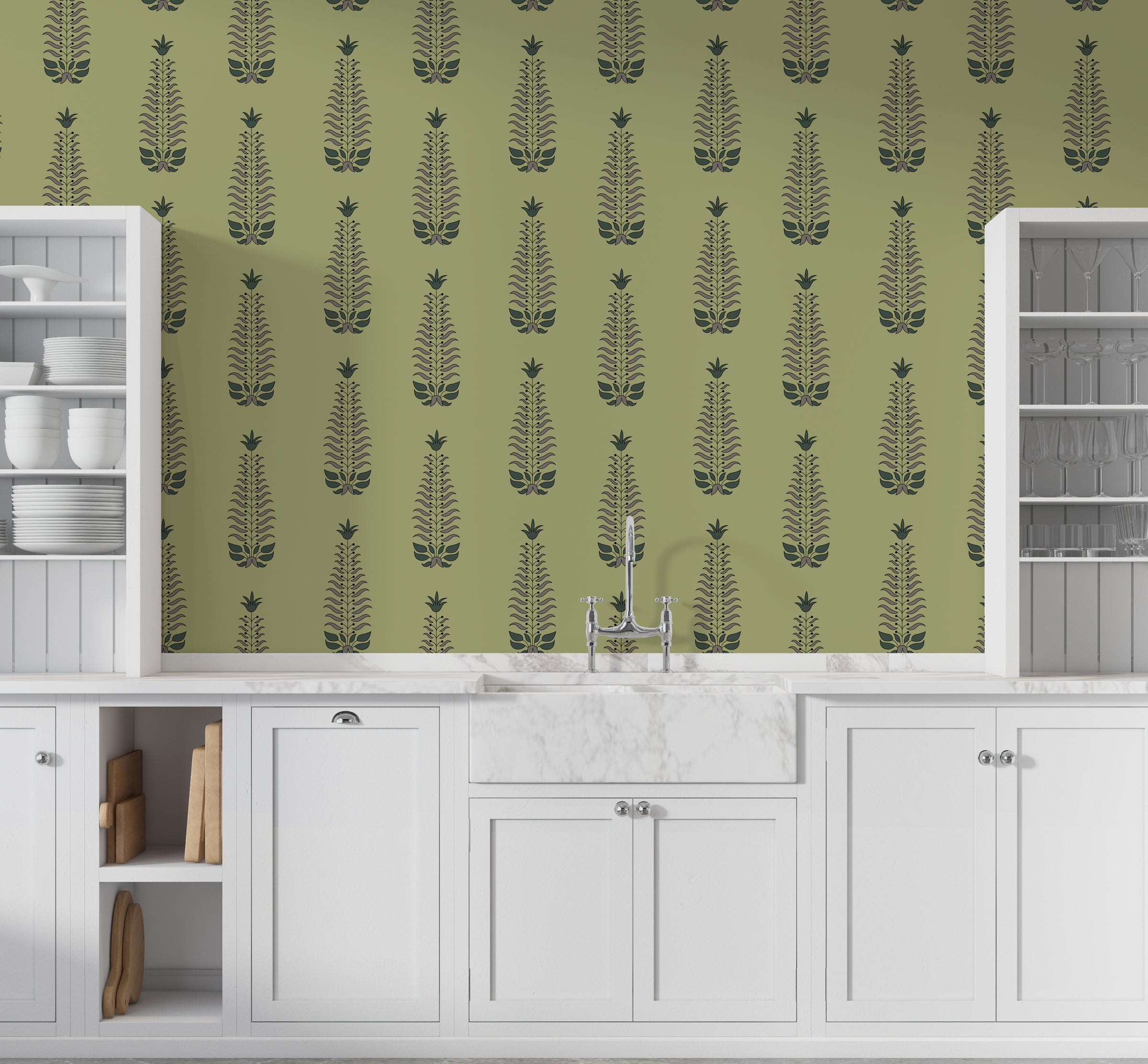 Minimal botanical pattern wallpaper creating bright and elegant kitchen wall design
