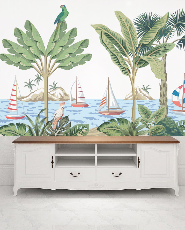 Tropical foliage peel and stick design in soft green spa bathroom setting