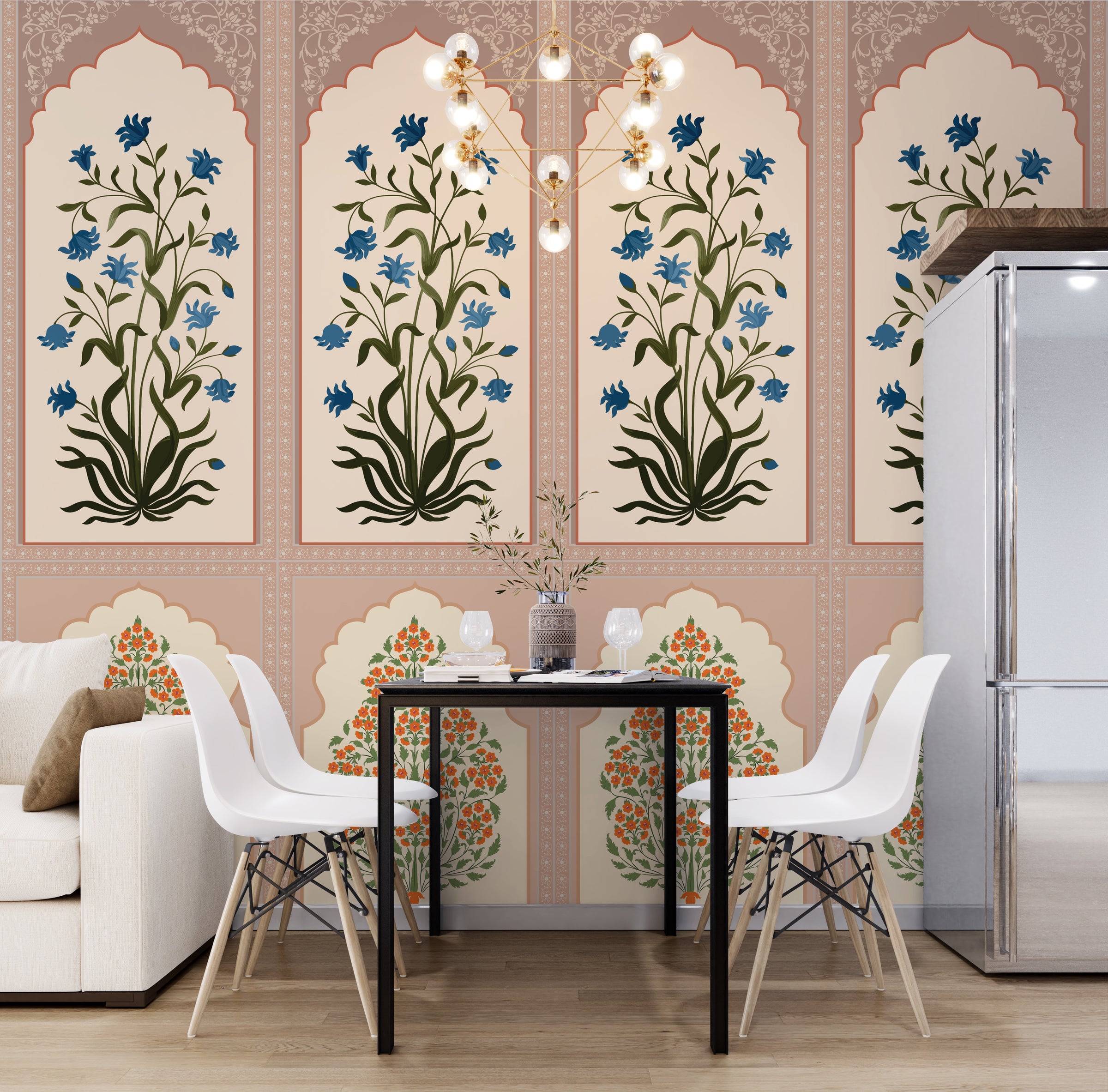 Sophisticated dining space featuring Mughal pattern mural with orange floral motifs on warm beige background