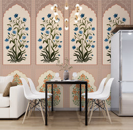 Sophisticated dining space featuring Mughal pattern mural with orange floral motifs on warm beige background