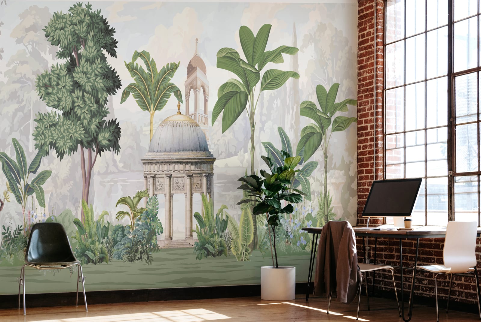 Vintage Palace Garden Mural | Green Indian Peel and Stick Wallpaper