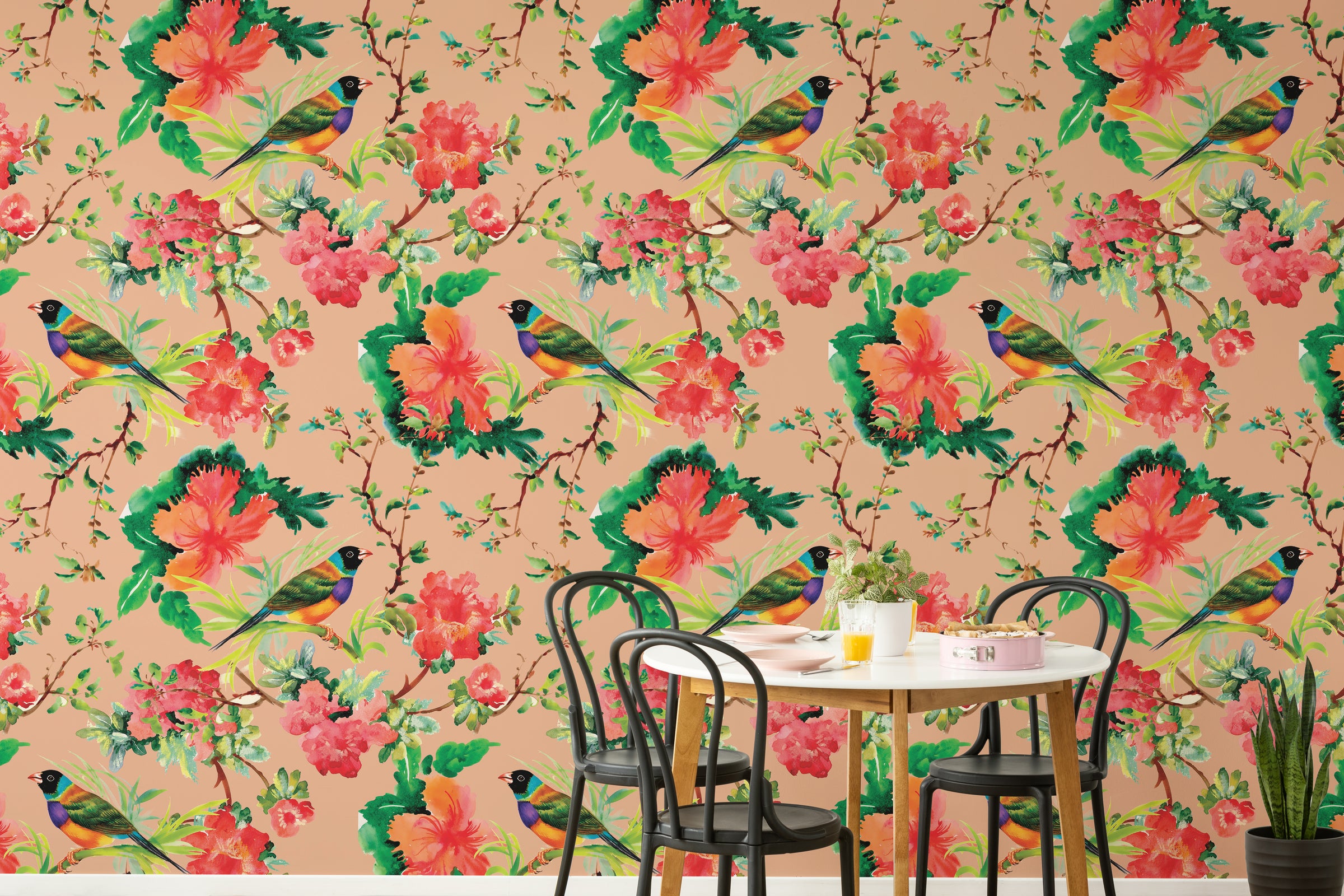Stylish dining room accent wall wallpaper featuring peach tropical bird floral mural decor