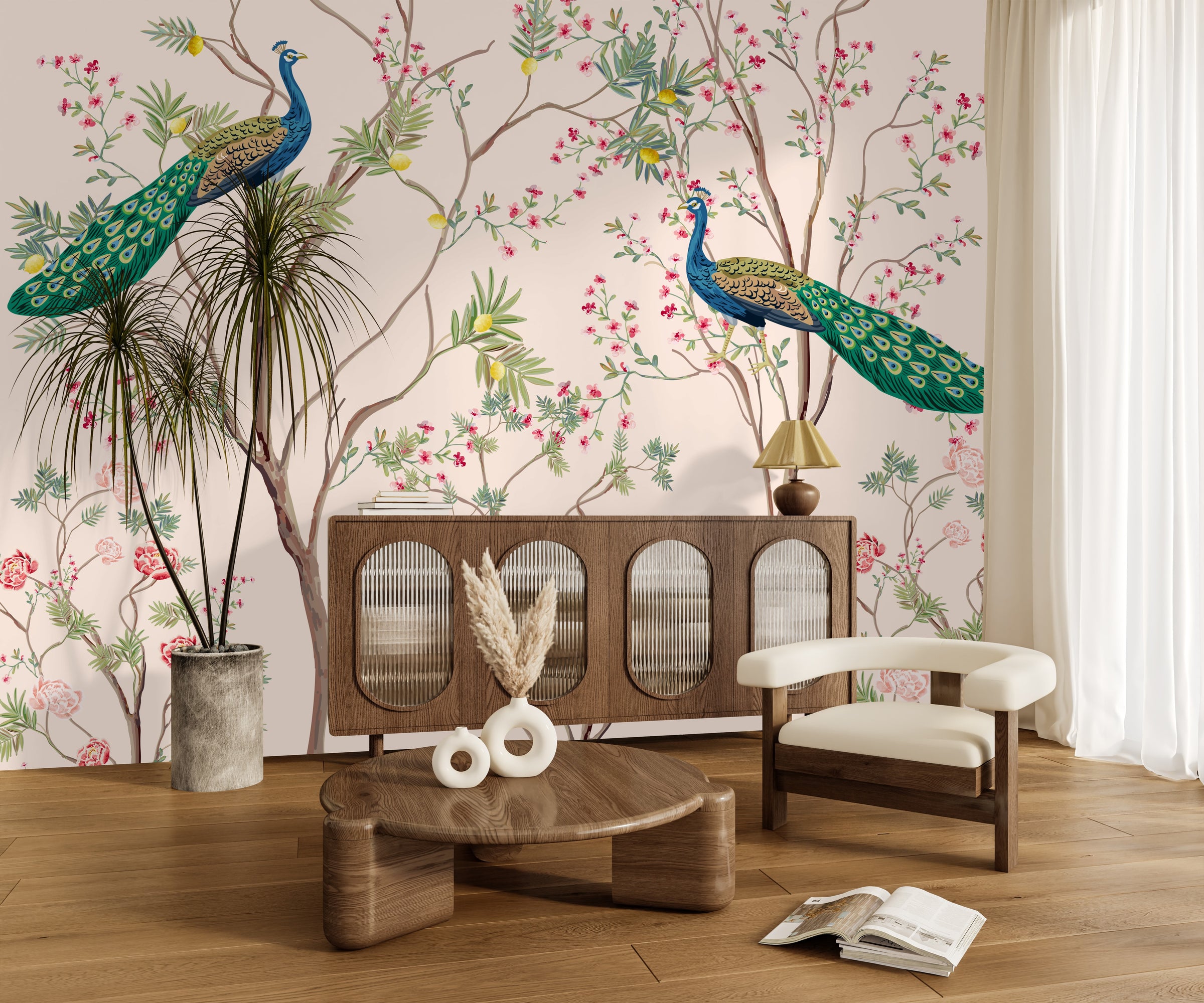 Chic dining room wall covering showcasing pastel blossom trees and vibrant blue-green peacocks