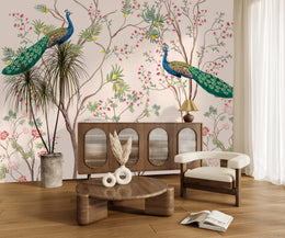 Chic dining room wall covering showcasing pastel blossom trees and vibrant blue-green peacocks