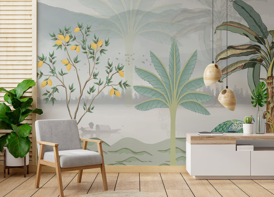 Green Tropical Wallpaper Palm and Lemon Tree Landscape Self-Adhesive Wall Mural