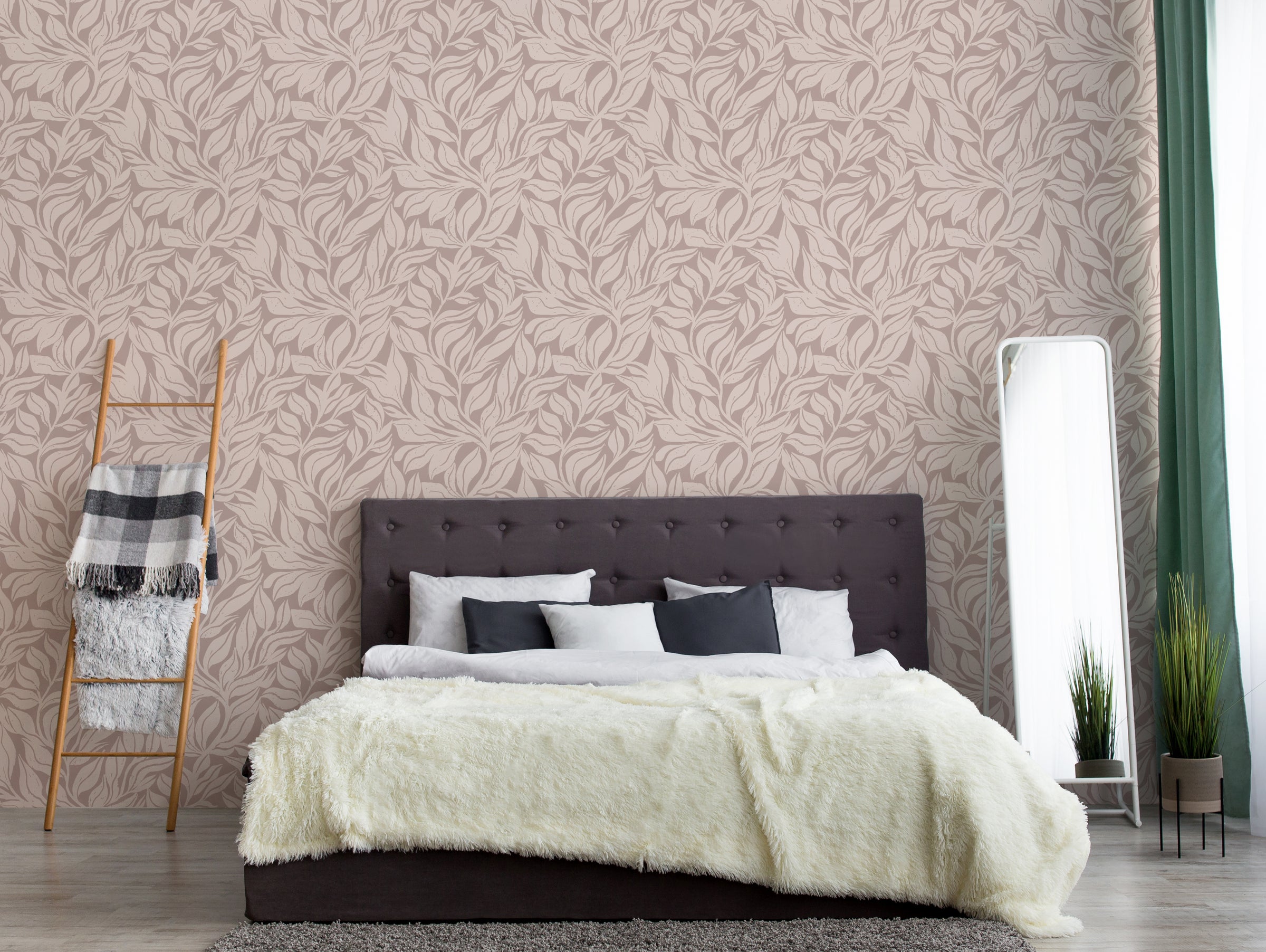Neutral Leaf Wallpaper | Taupe Beige Botanical Leaves Peel and Stick