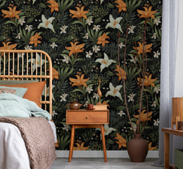 Dark botanical lily pattern with rich greenery enhancing cozy bedroom and relaxing interior ambiance