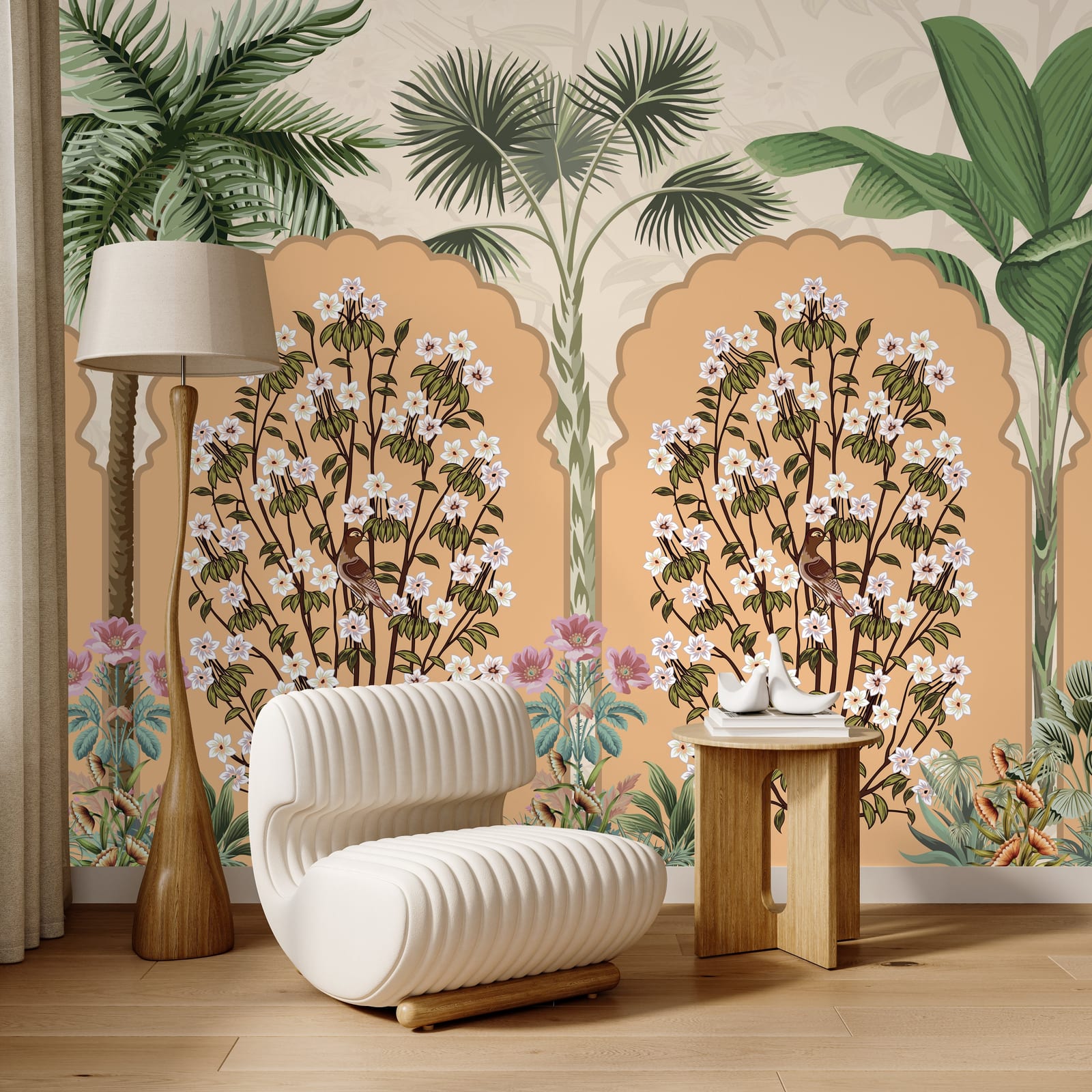 Botanical arch pattern with soft peach flowers for cozy bedroom interior decor
