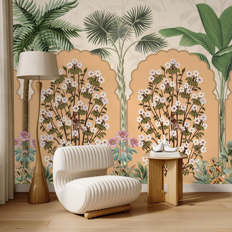 Beige Mughal Arch Floral tropical Indian Wallpaper Self-Adhesive Luxury Home Decor