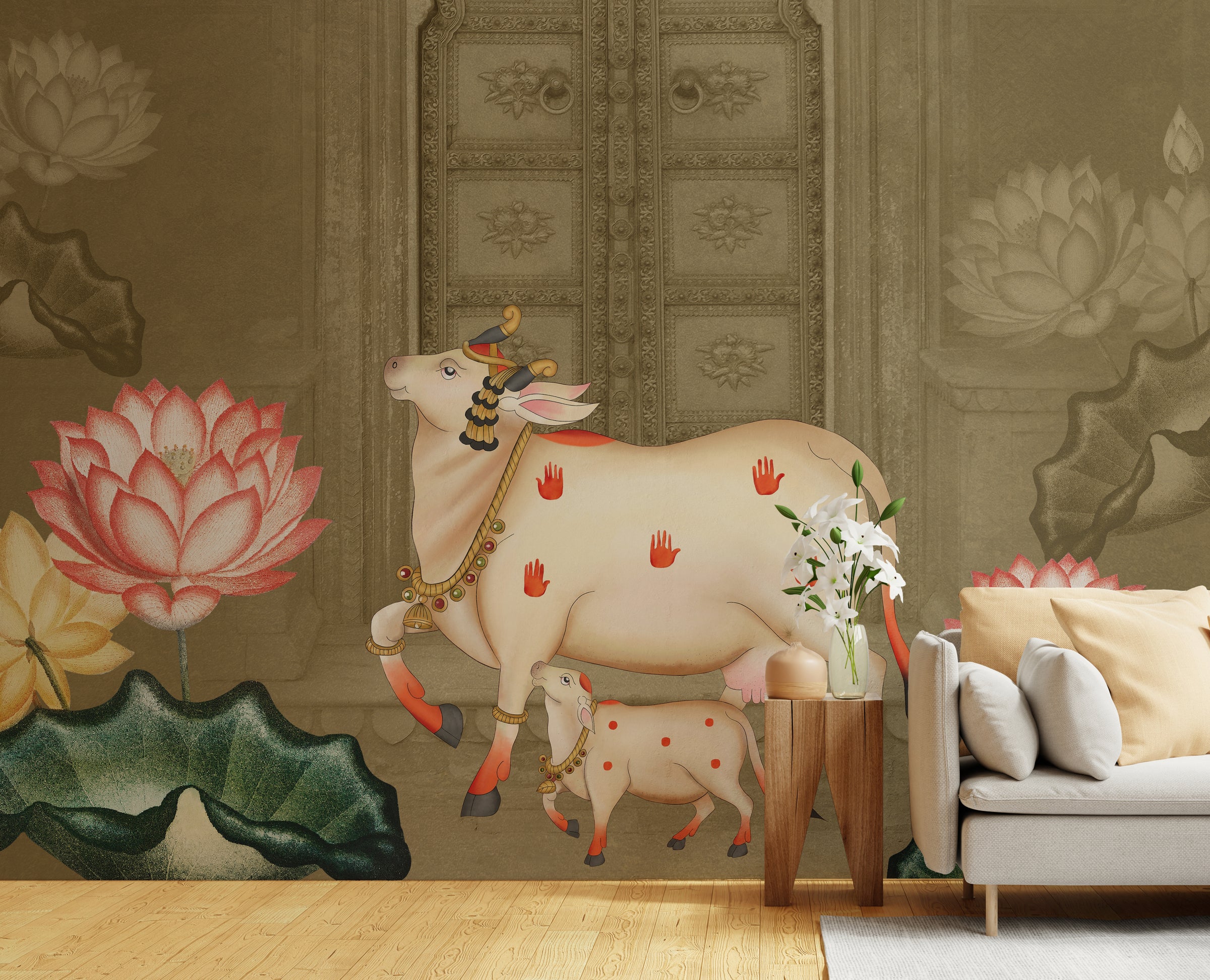 Sacred Pichwai Kamdhenu Wallpaper | Indian Cultural Removable Wall Mural